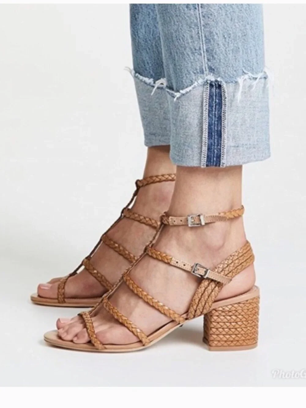Schutz Clarcie Sandals Heels Woven Braided Leather T-Strap Open Toe Tan Size 7
